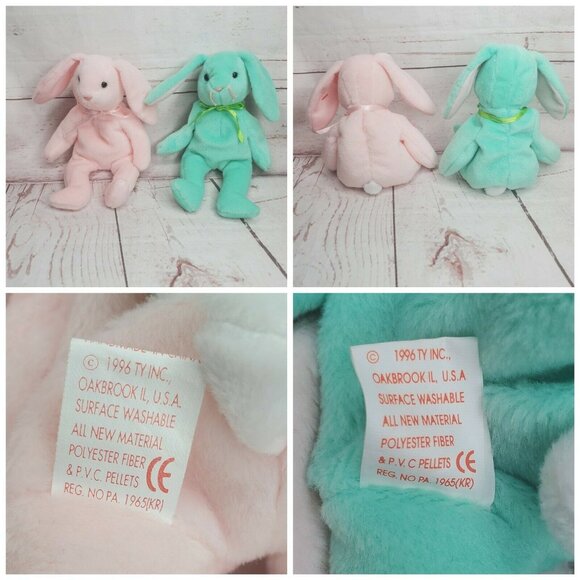 2 Vintage Ty Beanie Baby Bunny Rabbit Lot Hoppity Hippity No Tags 1996 PVC - Picture 2 of 9